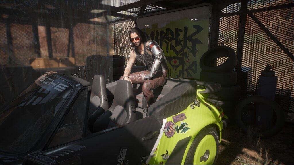 Johnny Silverhand on his car